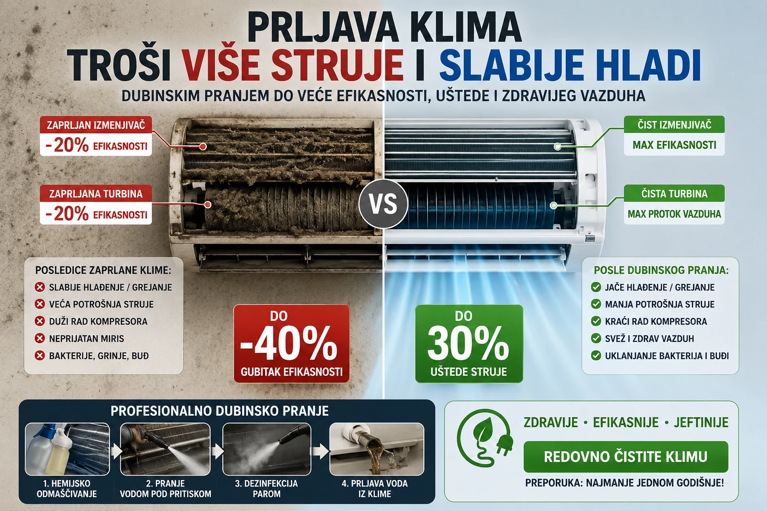 Prljava klima troši više struje i slabije hladi – koliko zapravo gubite na efikasnosti?